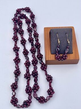 Vintage Almandine Garnet Beaded Necklace & Earrings Set 30” Long Cluster 424 ct